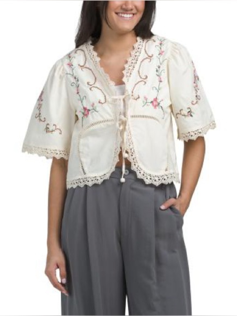 Jennifer & Grace Romantic Eyelet Embroidered Short Sleeve Tie Front Blouse XL - Picture 2 of 13